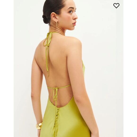 NEW Reformation Jennis Silk Halter Mini Dress in Algae Green Size Large - Picture 2 of 6